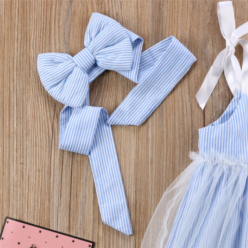 Hot Kids Baby Girls Blue Striped Strap Dress Lace Tulle Princess Summer Mesh Dresses Sundress Outfit Clothes 6M-4Y | Детская одежда и