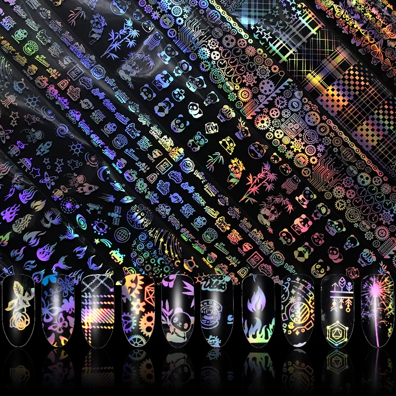 

4*100cm/Roll Holographic Nail Foil Flame Dandelion Panda Bamboo Holo Nail Art Transfer Sticker Water Slide Nail Art Decals