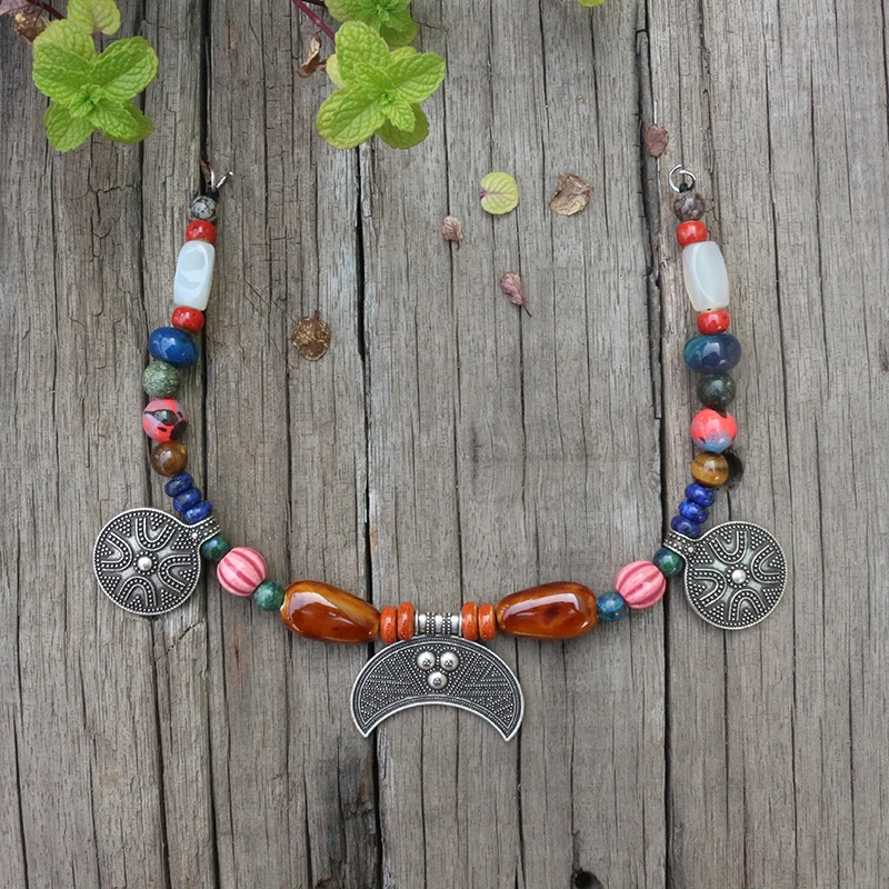 Этнические украшения викингов луна натуральные камни Моховой Агат красный оникс