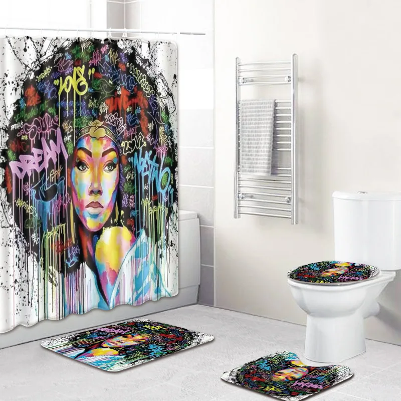 

African Women Printing Toilet Pad Cover, Bath Mat, Shower Curtain Set, Bathroom Accessories, New, Colorful, 4Pc Set