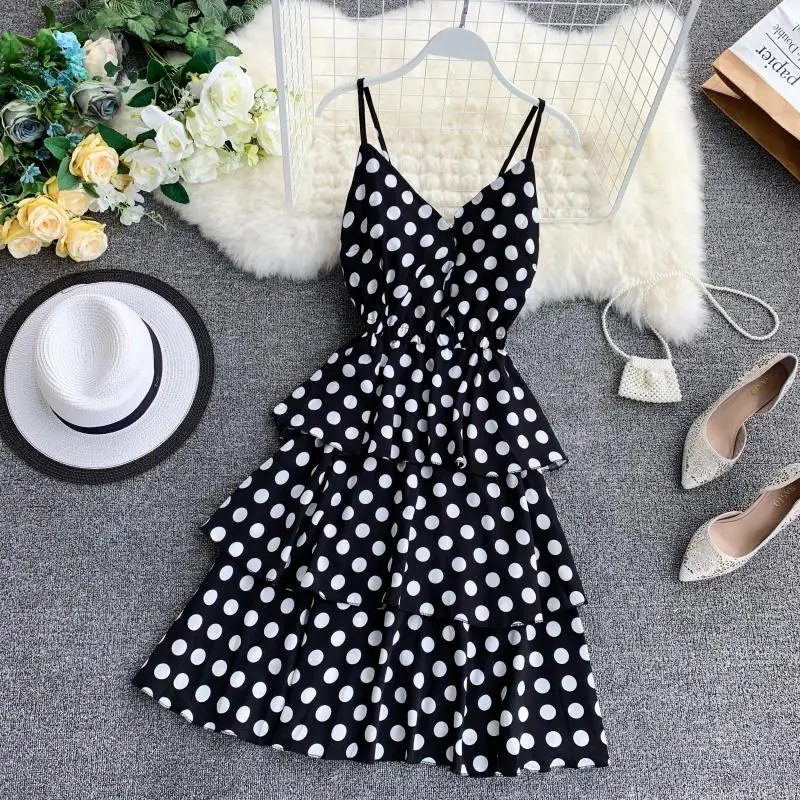 Женское платье пачка LUOSHA регулируемое на бретельках в горошек с открытой спиной