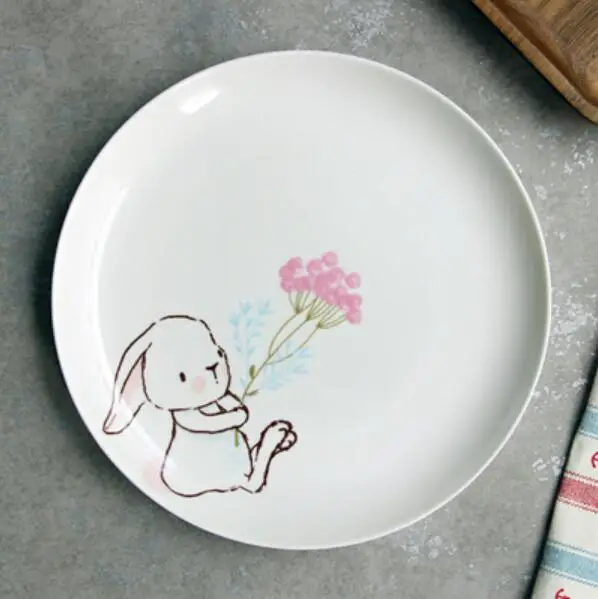 NOOLIM 1PC 8 inch Ceramic Dinner Plate Rabbit Animal Dinner Dishes Pasta Steak Dessert Plates Fine Bone China Kitchenware - Цвет: A