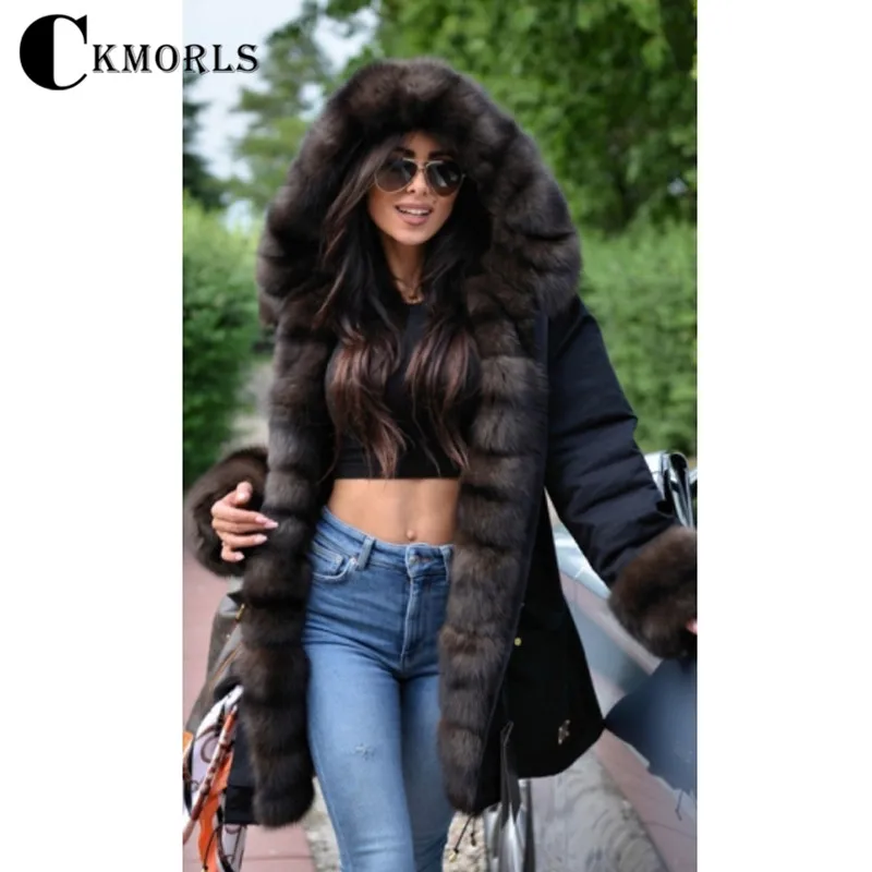 CKMORLS парки с натуральным мехом лисы Воротник для женщин зимняя куртка черная