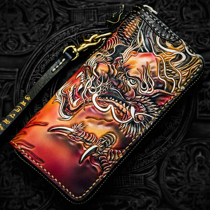 Hand Made Genuine Leather Wallets Carving Dragon Purses Men Long Clutch Vegetable Tanned Leather Wallet Card Holder