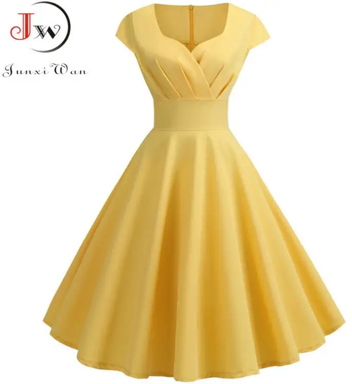 YELLOW Летнее женское платье с коротким рукавом Хепберн 50s 60s винтажное пин-ап рокабилли платье халат размера плюс элегантное вечернее платье - Цвет: YELLOW