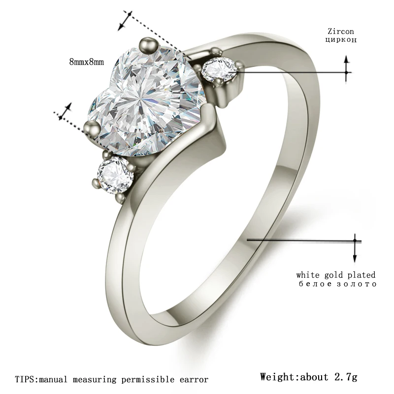 MDEAN White Gold Color Engagement Rings For Women Heart AAA Zircon Jewelry Fashion Wedding Ring Size 5-12 H999 | Украшения и