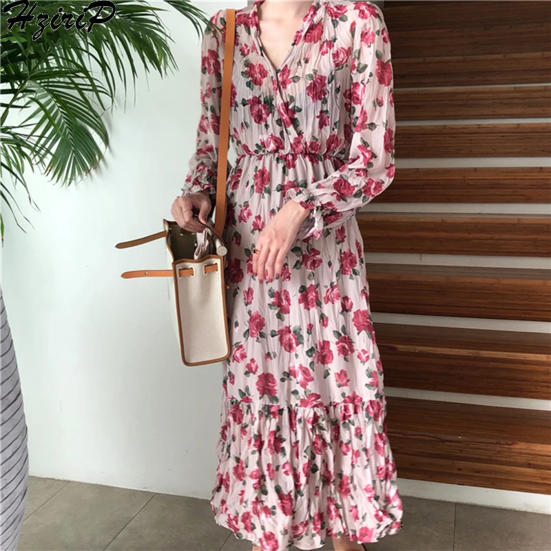 Женское платье с V-образным вырезом длинным рукавом и цветочным принтом | Женская