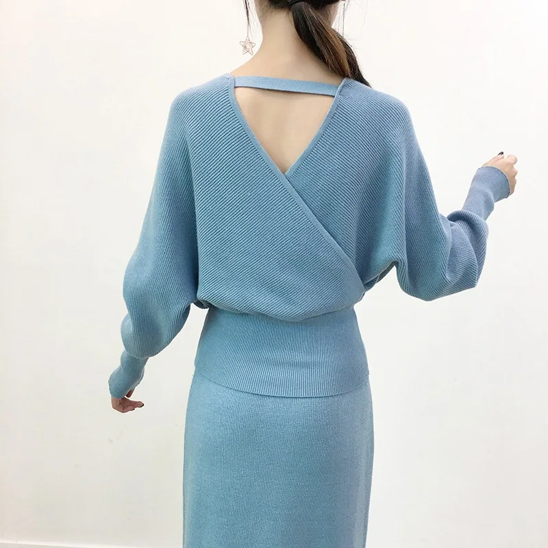 Женский трикотажный костюм двойка свитер с v образным вырезом и рукавом летучая
