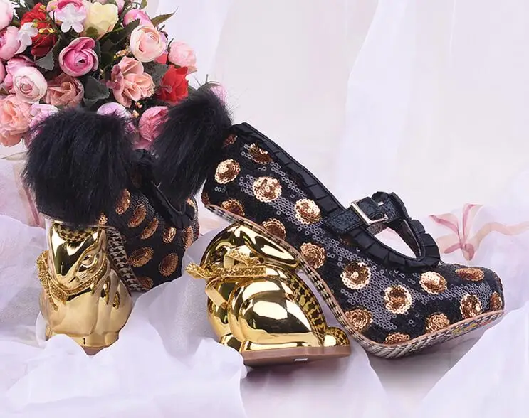 Пикантные женские блестящие туфли лодочки с кроличьим каблуком модельные на