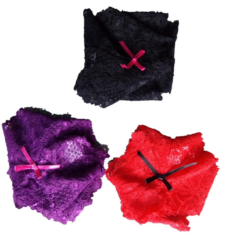 black purple red Ixuejie 3 шт./лот S-XL размера плюс женские кружевные стринги большого размера сексуальные трусики быстросохнущие модные трусы - Цвет: black purple red