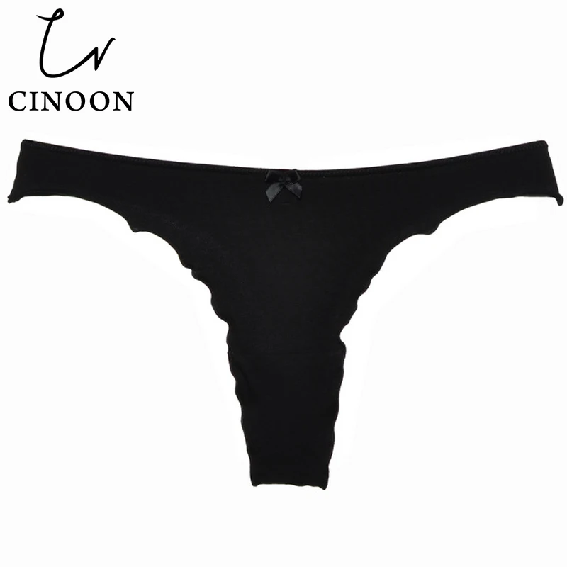 Черный CINOON,, трусики, сексуальные стринги, хлопок, стринги, удобные трусы для женщин, бант, нижнее белье, одноцветное нижнее белье - Цвет: Черный