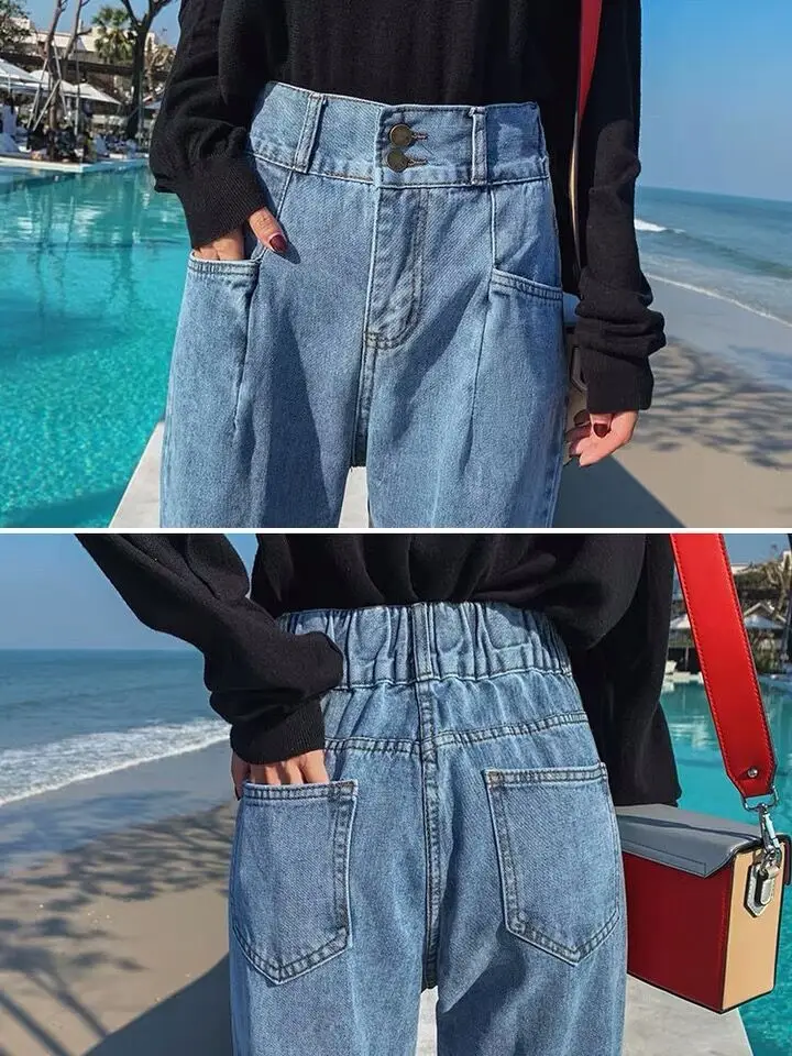 S-XL, 2XL, 3XL, 4XL, 5XL джинсы с высокой талией для женщин размера плюс, свободные прямые джинсы, женские джинсы с эластичной резинкой на талии для мам(E208