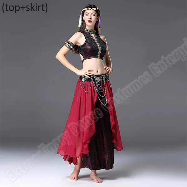 dark red 2pcs New Women Gypsy Top Belly Dance ATS Tribal Costume Suit Set Bra Top Skirt Bead Gypsy Dress Stage Performance Tribal - Цвет: dark red 2pcs