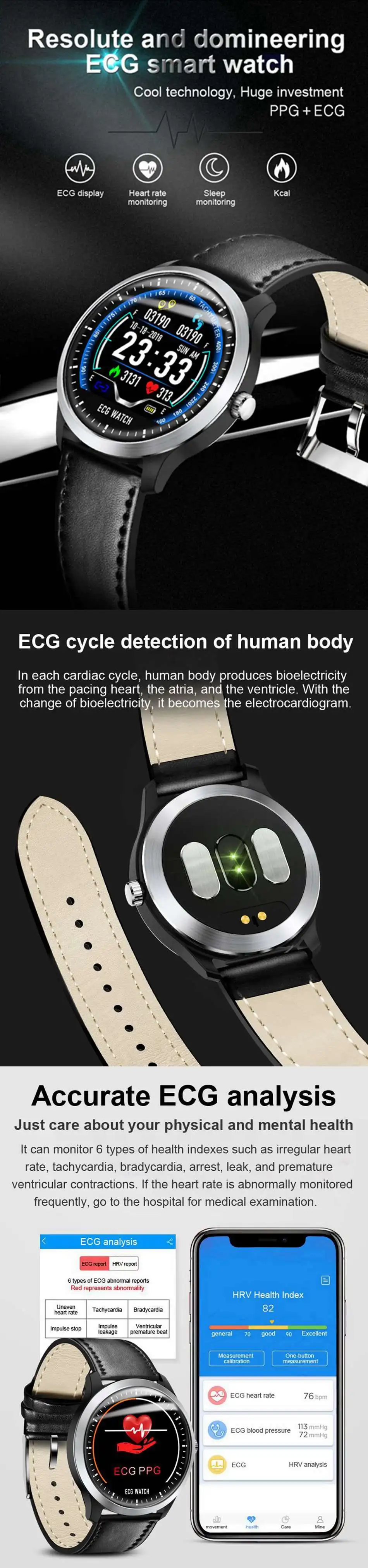 Bakeey N58 ЭКГ Smartwatch для мужчин дисплей монитор сердечного ритма во время сна 3D UI фитнес-трекер стальной кожаный браслет Смарт-часы