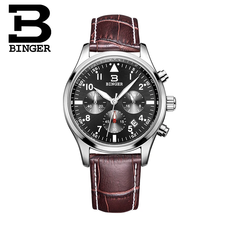 Switzerland BINGER men's watches luxury brand Quartz waterproof leather strap clock Chronograph Stop Watch Wristwatches B9202-9 |