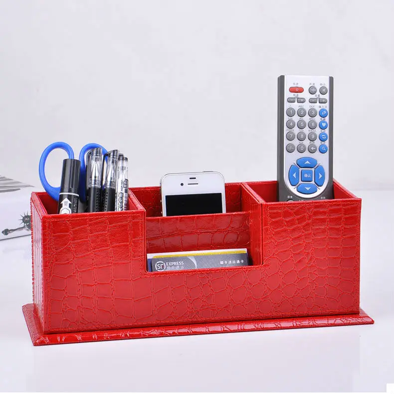 

wooden struction leather surface desk multi-function stationery organizer with double penpencil holder box case croco red 202C