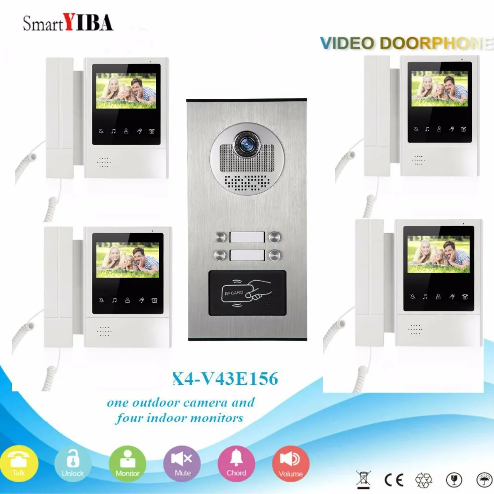 SmartYIBA 4 Units 4.3&quotColor Video Door Phone Intercom Kit Multi Apartment Building System+1 RFID Access Camera | Безопасность и