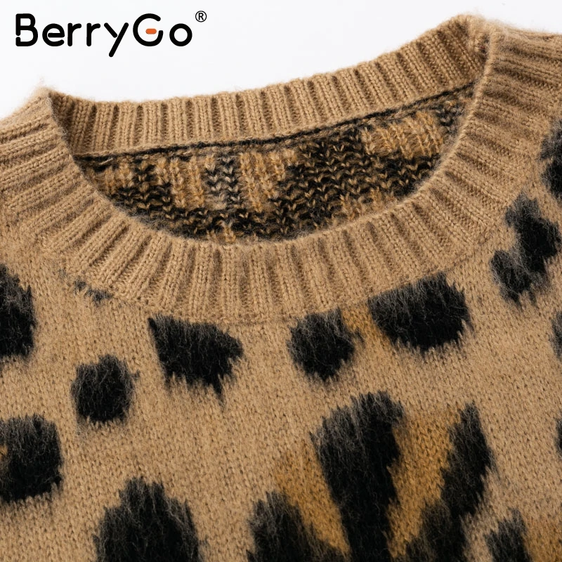 BerryGo Leopard knitting women sweater Knitted vintage sweaters female 2018 autumn winter long sleeve causal jumper | Женская одежда