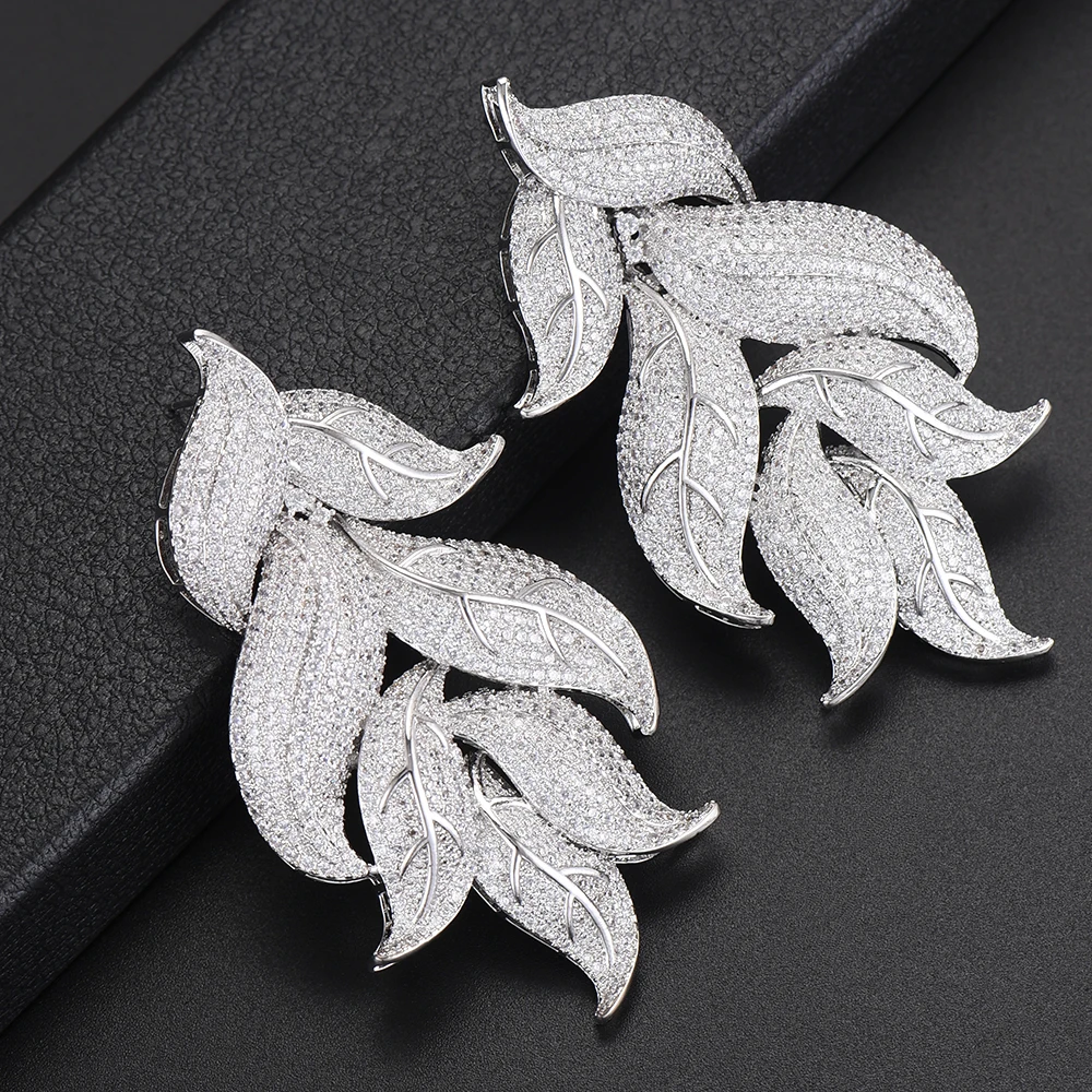 

39*72 mm Luxury Women Earrings Leaf Pendant Wedding Dangle Earrings Full Cubic Zirconia Drop Earrings boucle d'oreille