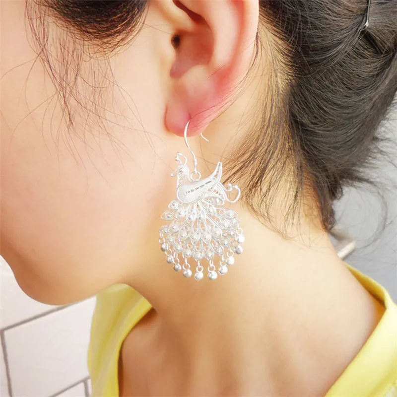 Vintage Korean Big Earrings For Women 2019 Statement Ethnic Tassel Drop Earings Metal Sterling Silver Peacock Handcraft Designs | Украшения