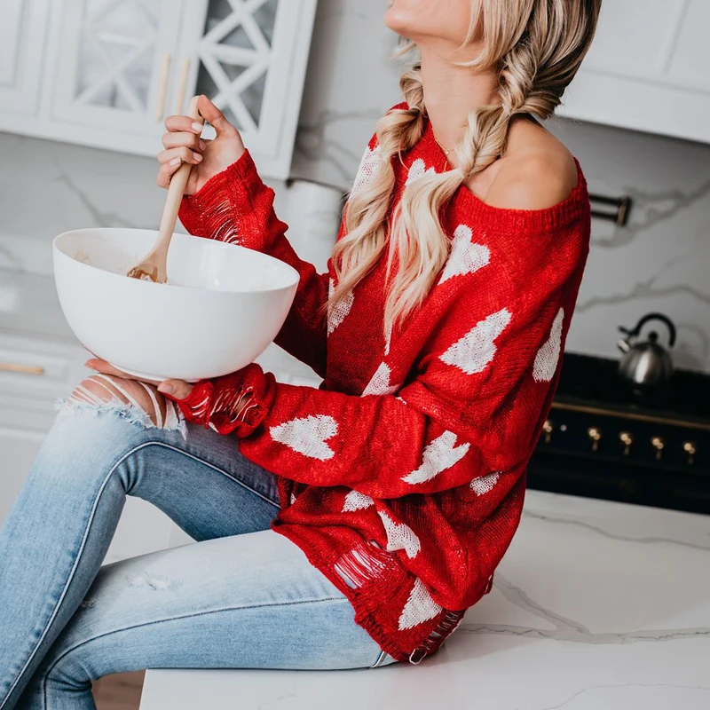 Женский свитер с красным сердцем тонкий трикотажный Повседневный пуловер