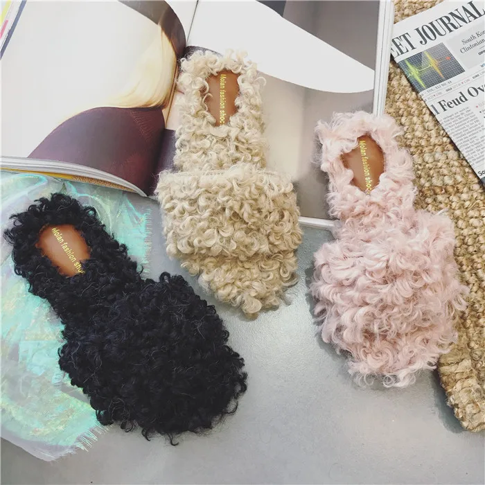 2017 г. зимние теплые женские шлепанцы на овечьем меху без задника меховые