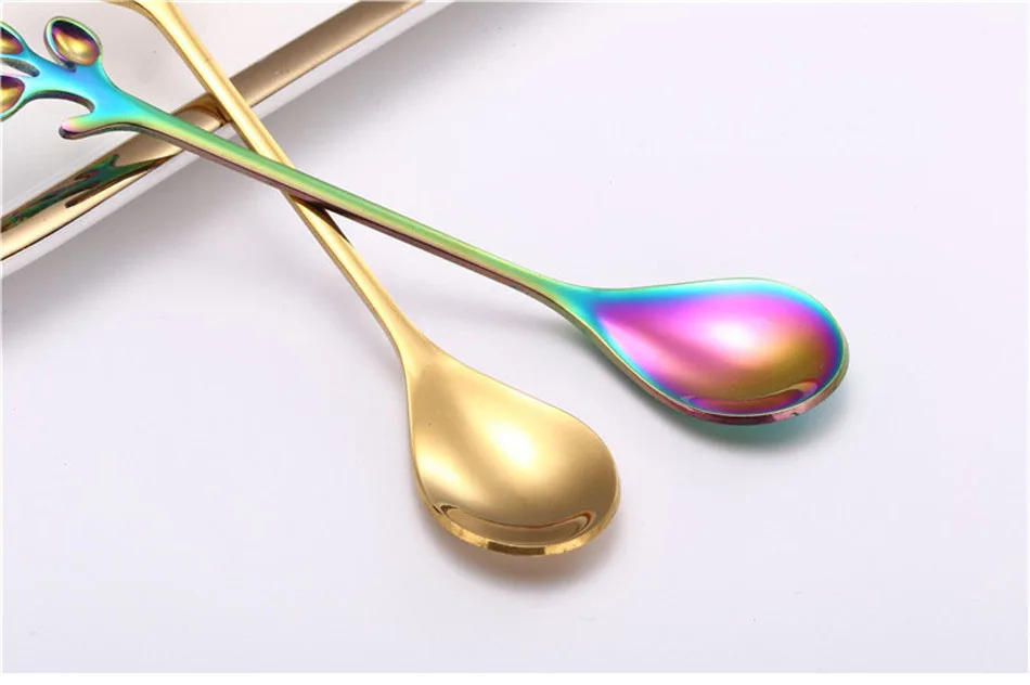 Creative Stainless Steel Fork Spoon Leaf Shape Handle Coffee Cake Dessert Ice Cream Forks Spoons Glossy Household Tableware 1pcs