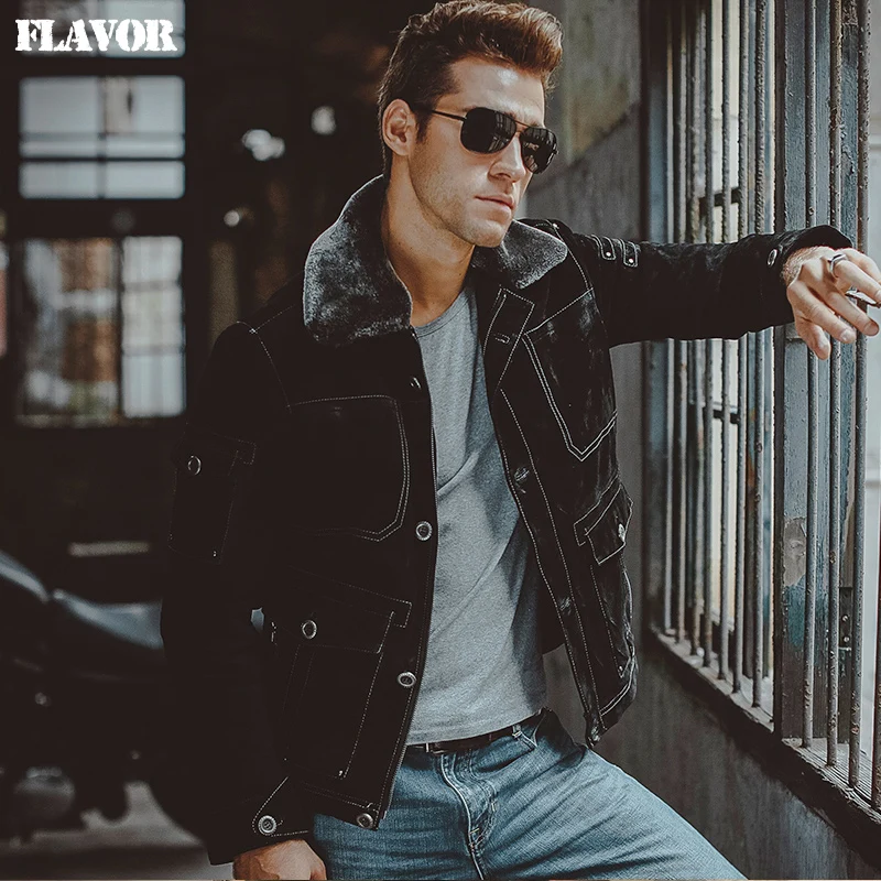 Мужская куртка из свиной кожи черная теплая мотоциклетная с меховым воротником |