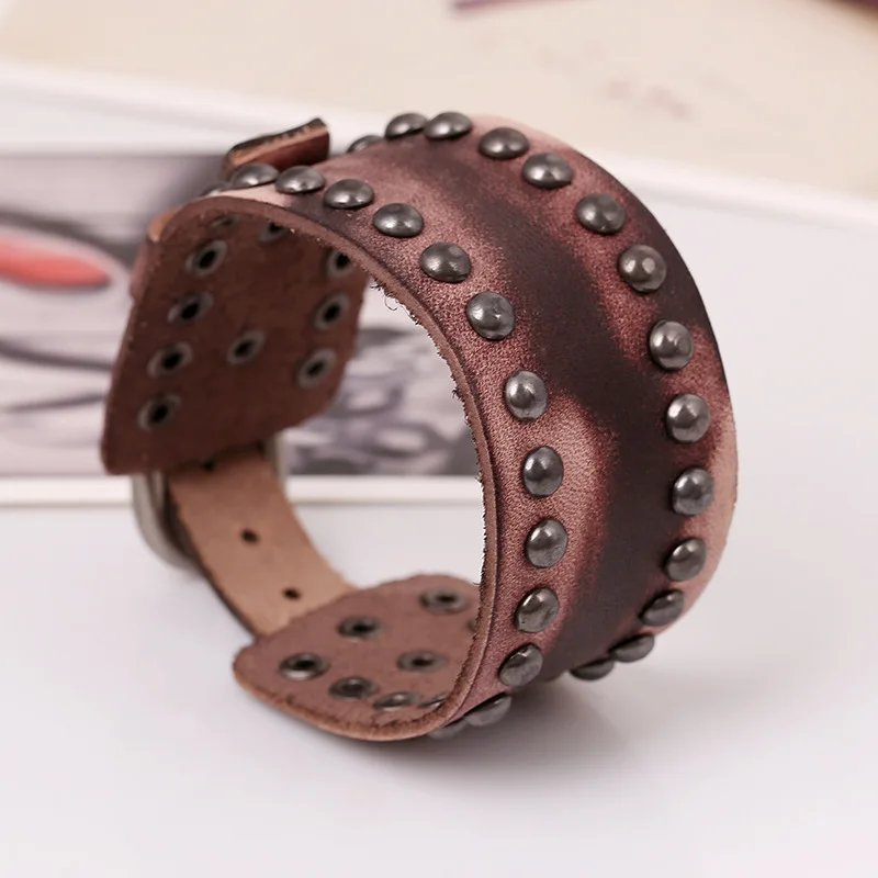 Мужской Байкерский браслет с заклепками коричневый кожаный широкий