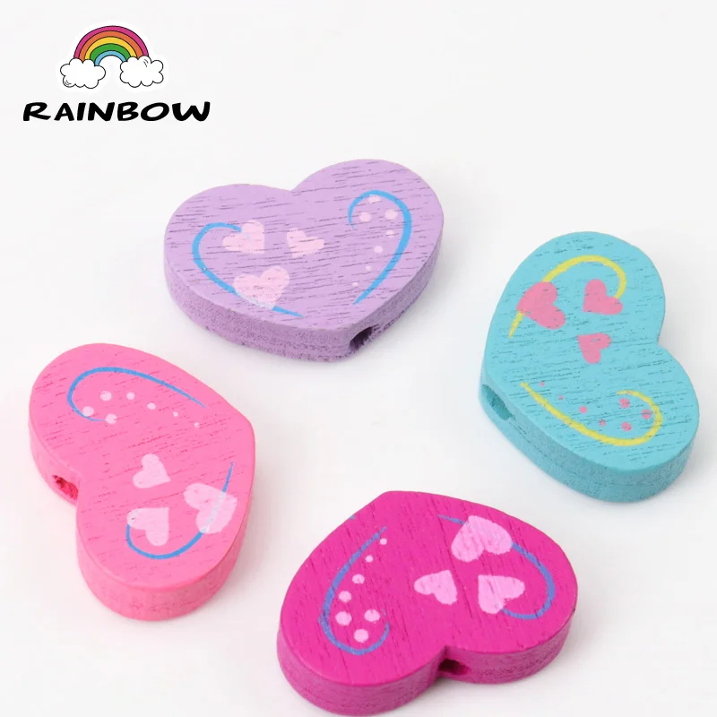 Mixed Colors Heart Shape Paintied Wooden Material Spacer Beads For Handwork Jewelry Accessories 19x13mm 50pcs | Украшения и