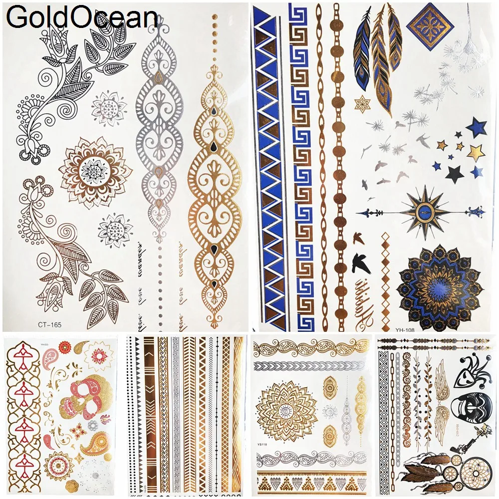 

Indian Chains Henna Mandala Tattoo Stickers Gold Metallic Girls Arm Temporary Tattoo Women Body Legs Flower Flash Tatto Feather