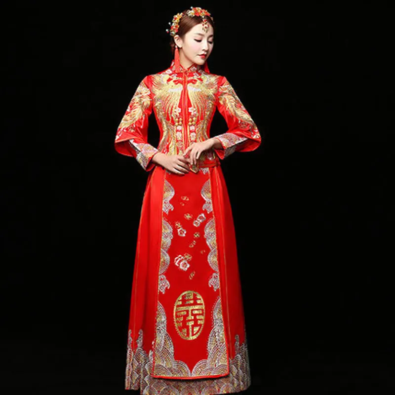 Традиционный китайский свадебное платье Вышивка Cheongsam красный Qipao длинный халат