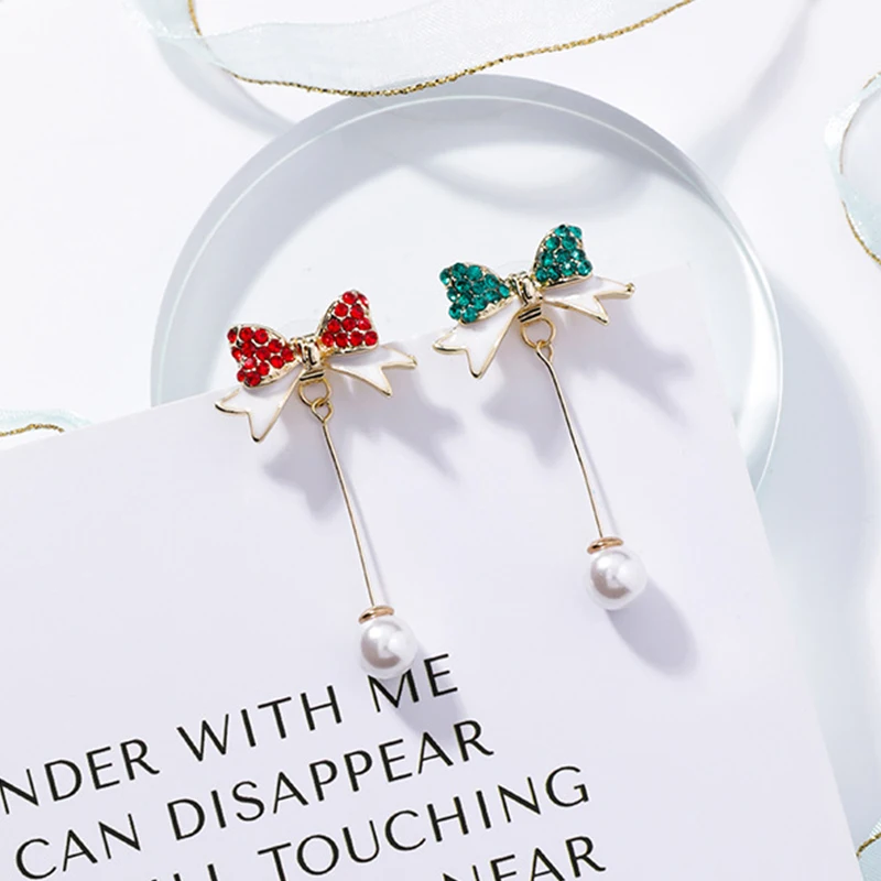 925 Silver Pin Christmas Inlaid Color Full Zircon Bow Pearl Dangle Earrings Long Tassels Back Hanging Drop Earring for Women | Украшения и