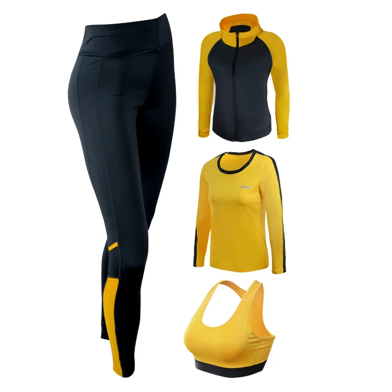 Sport Suit Women Yoga Set Solid Color Long Sleeve Zipper Jacket+Shirt+Bra+Pants Leggings Fitness Sportswear Gym Workout Clothes | Фитнес и