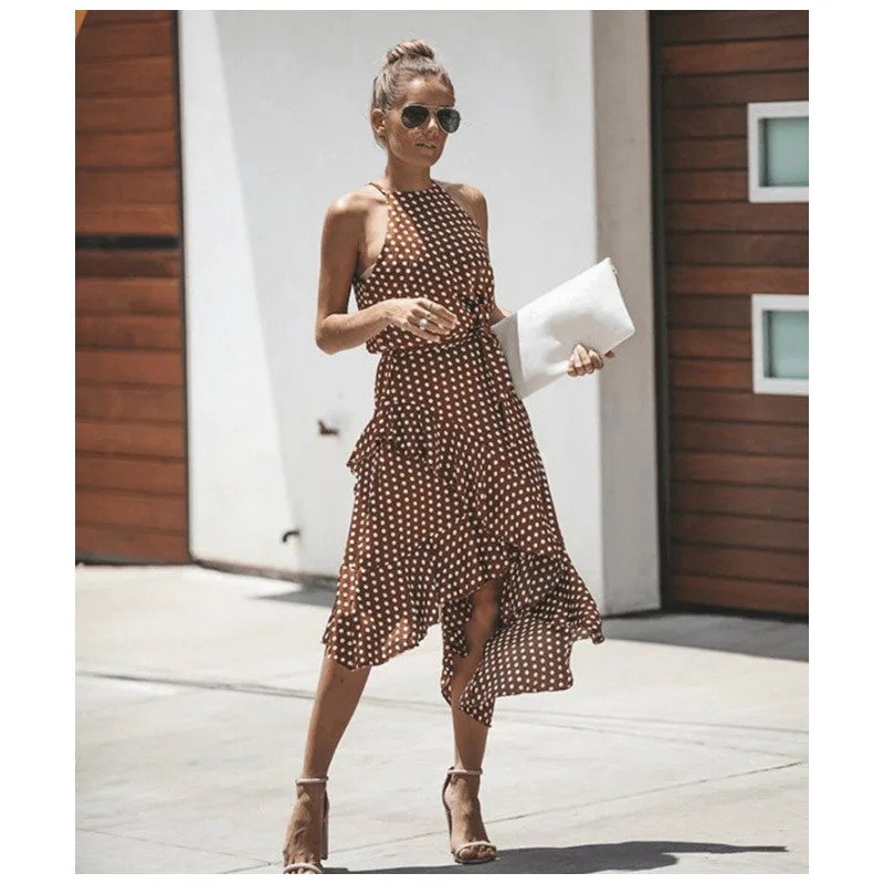 

Summer Fashion Polka-dot Laced Irregular Dress Sleeveless High Waist Ruffles Midi Dress Vestidos