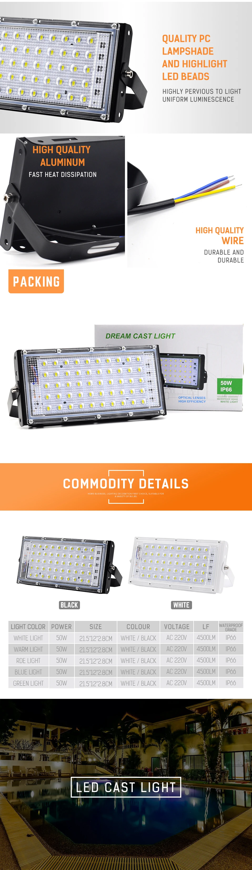 DINGDIAN светодиодный rgb-прожекторы AC 220V Открытый IP66 водонепроницаемый 50W идеальная мощность прожектор разноцветный прожектор