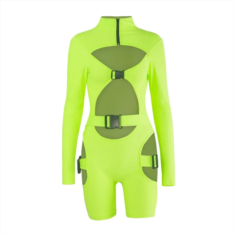 neon green Неоновый зеленый комбинезон для подвижных игр с длинным рукавом и застежкой-молнией, короткие женские комбинезоны - Цвет: neon green