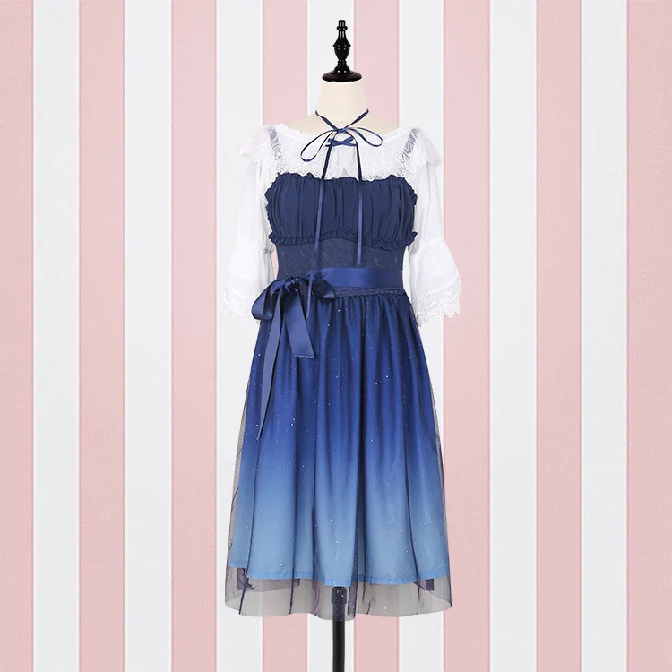 Short dress andshirt JSK/блестящие звезды; платье в стиле Лолиты; градиентное голубое нарядное платье для девочек; кружевное плиссированное платье с рюшами; комплект с рубашкой - Цвет: Short dress andshirt