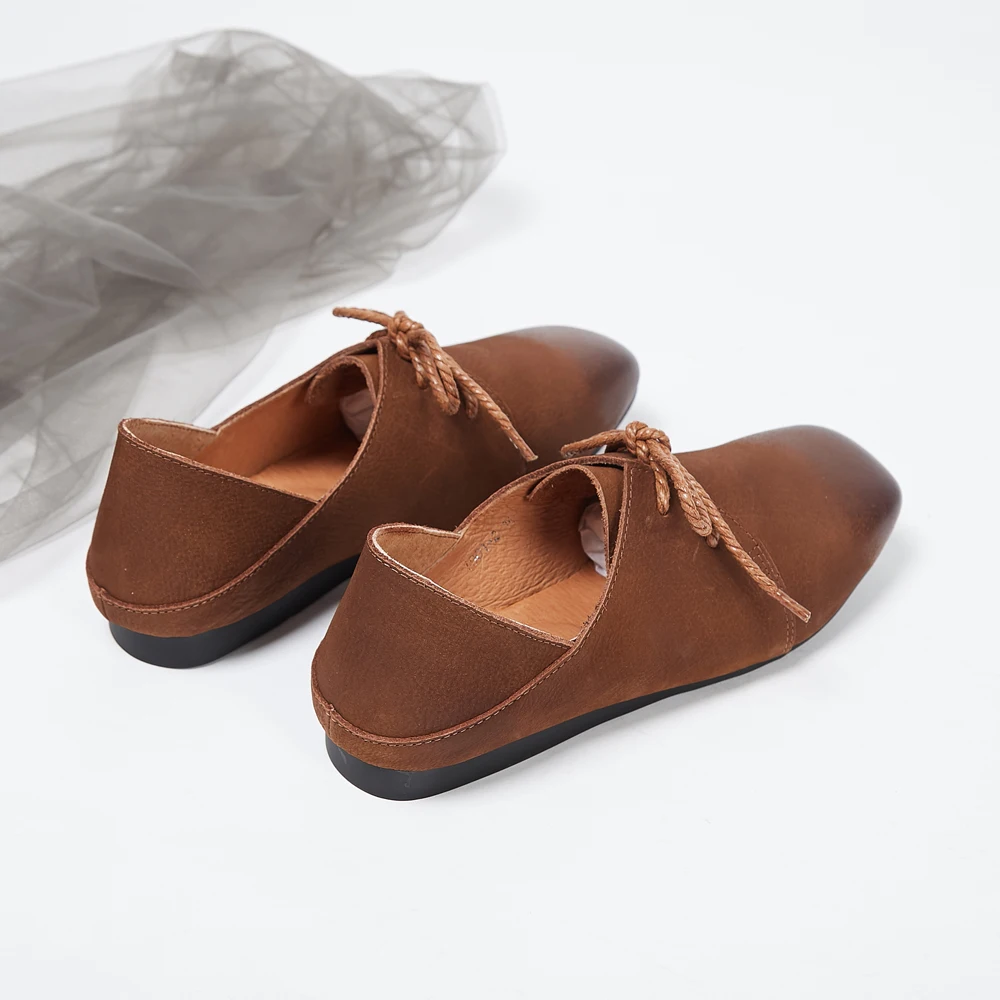 2019 spring new square head leather casual lace shoes low heel soft bottom women's | Обувь