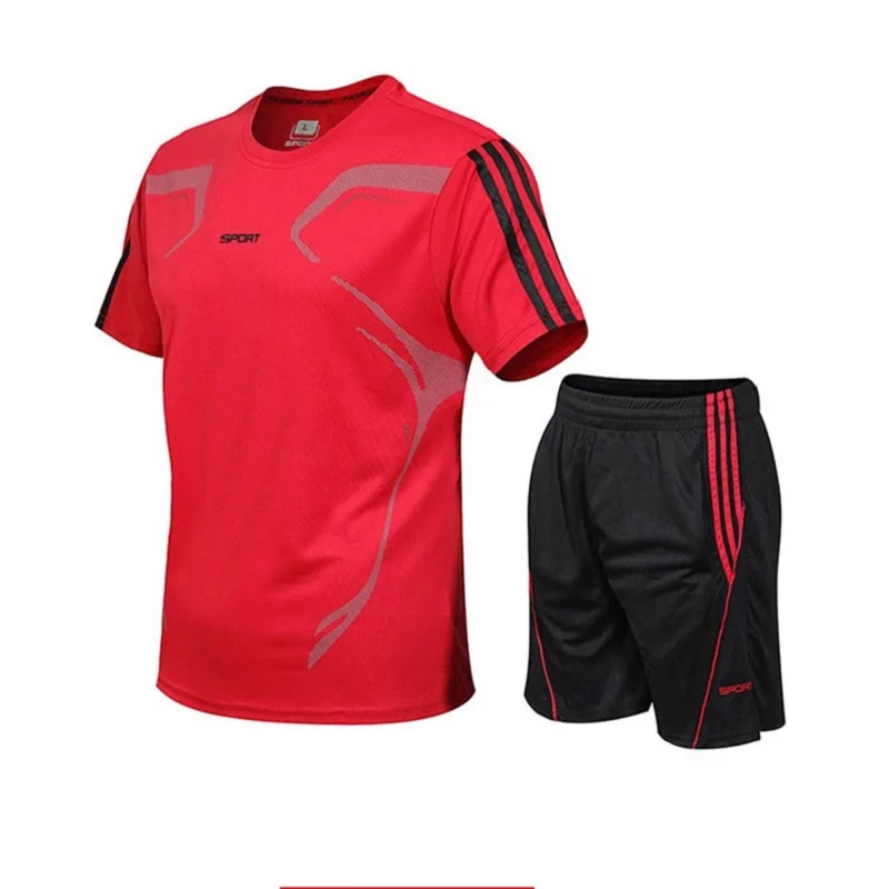 Red Set Плюс быстросохнущая футболка Rashgard Gym, Спортивная мужская футболка с коротким рукавом, футболка для фитнеса и шорты, спортивный костюм, футболка для футбола, баскетбола - Цвет: Red Set