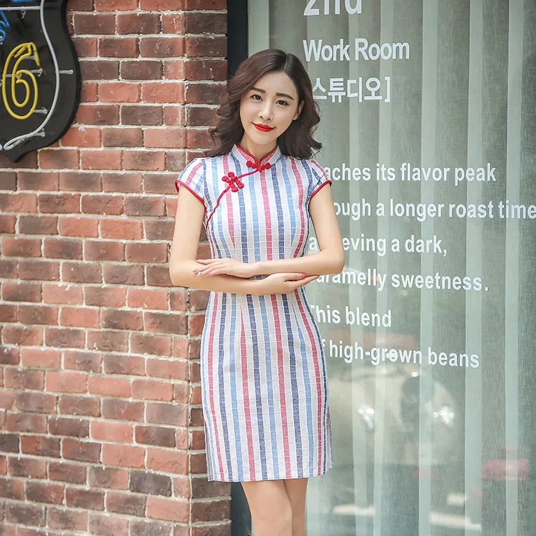 Популярное традиционное китайское платье в цветную полоску хлопковое вечернее