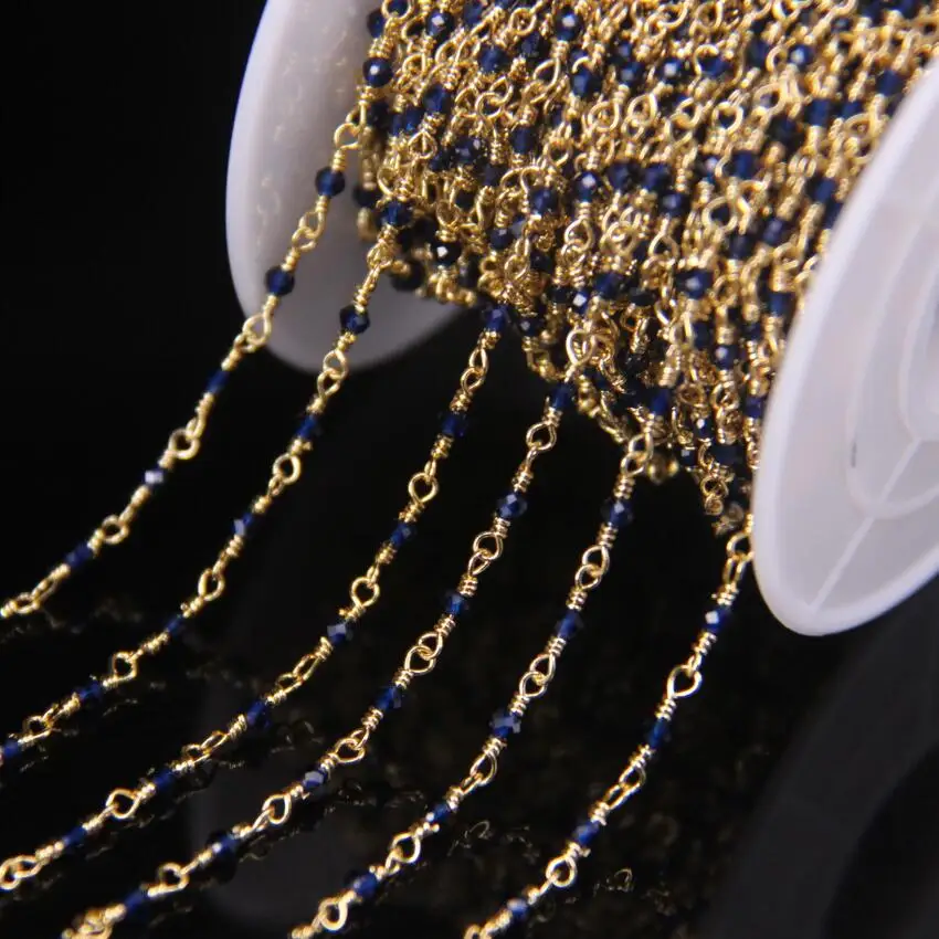 

5Meter Dark Blue Glass 2mm Faceted Round Beads Rosary Chain,Gold Color Brass Wire Wrapped Chains DIY Bracelets Necklace Chokers