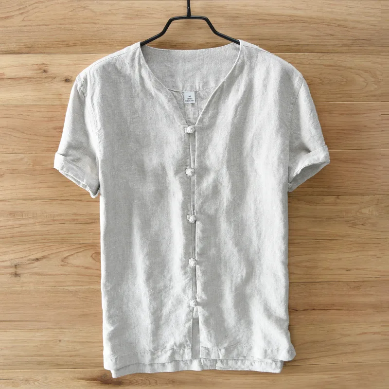 2017 Летняя мужская 100% льняная рубашка с коротким рукавом Повседневная однотонная