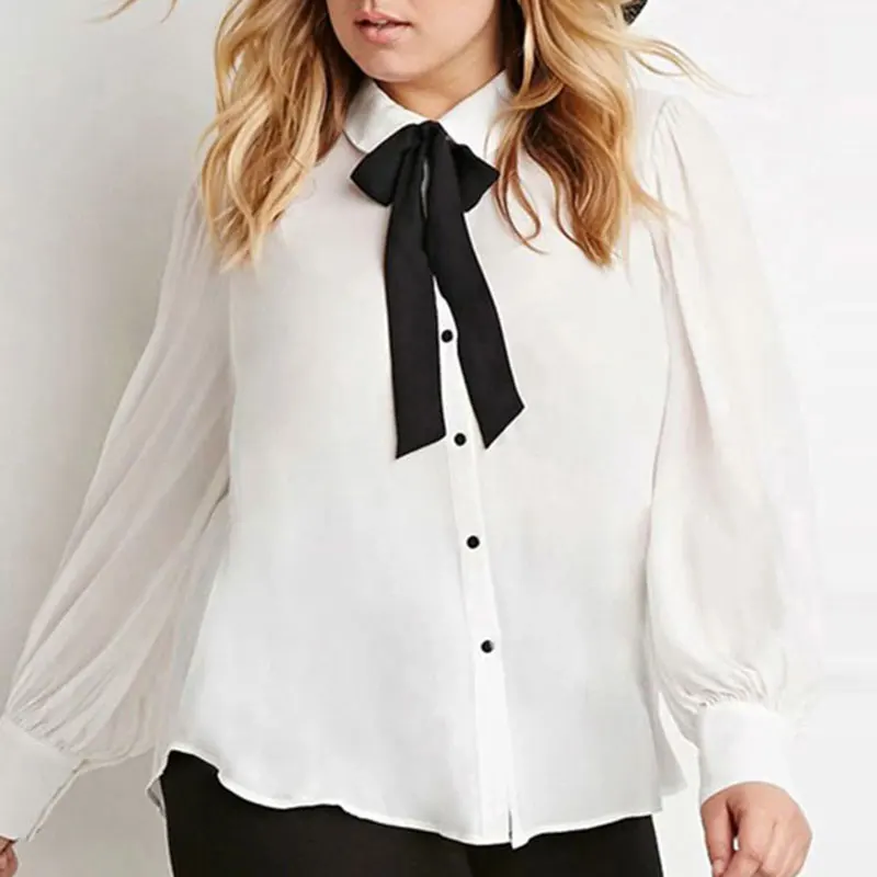 Kissmilk Plus Size New Fashion Women Bow Button Down Big White Long Sleeve Chiffon Preppy Style Blouse 3XL 4XL 5XL 6XL|women bathing suit