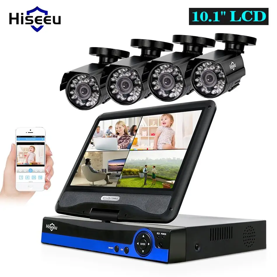 Система видеонаблюдения Hiseeu 4 канала 1080P с 10 дюймовым ЖК дисплеем|Система