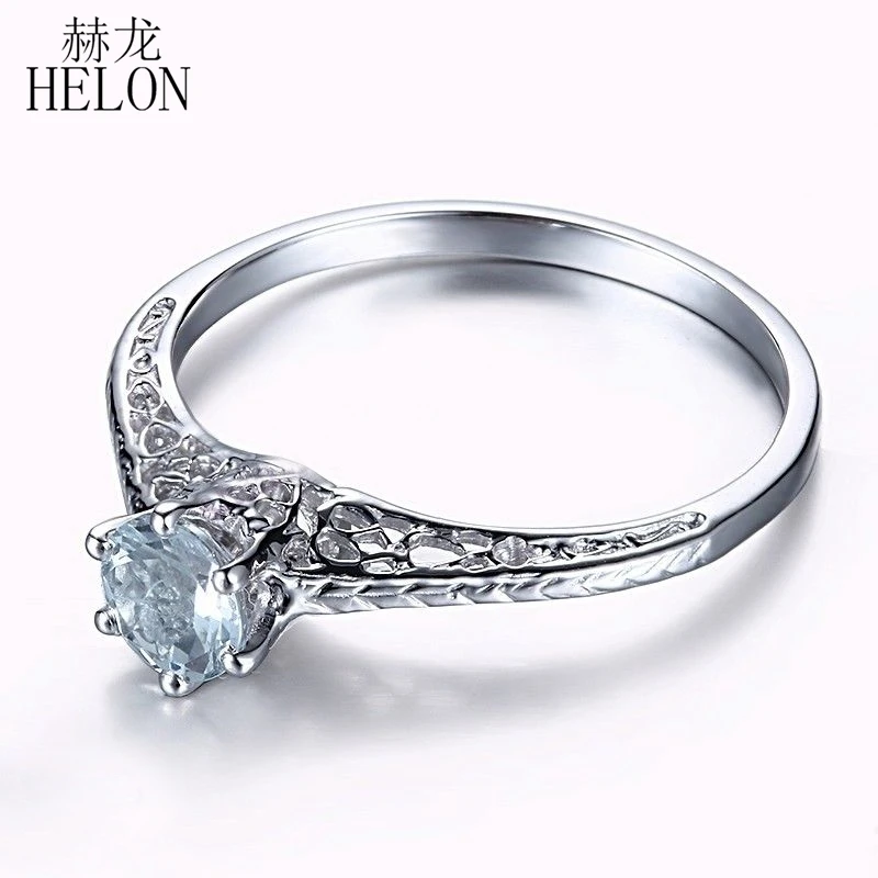 HELON Solid 14K белое золото круглый 4 5 мм Натуральный аквамарин женское кольцо для