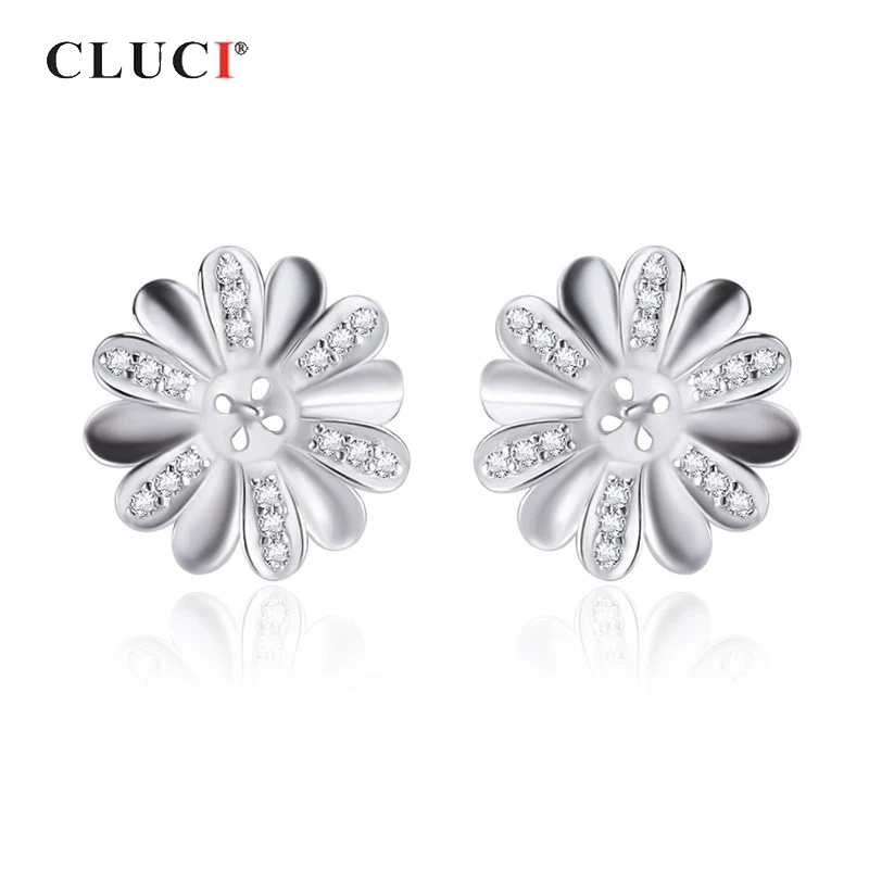 

CLUCI Authentic 925 Sterling Silver Women Flower Pearl Ring Mounting Jewelry for Wedding Sterling Silver Zircon Earrings SE150SB
