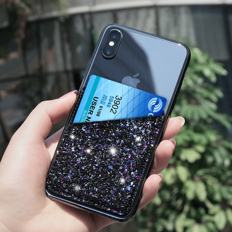 FLOVEME Fashion Glitter 3M Adhesives Cash Credit ID Card Sticker Pocket Pouch Soft PU Universal Girl Phone Holder |