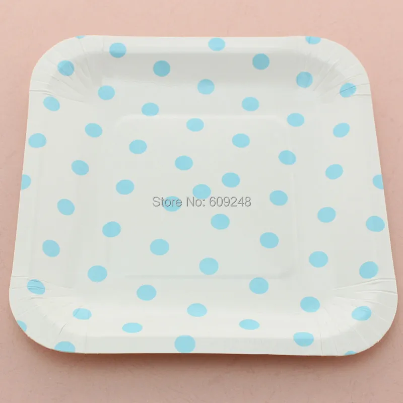 

24pcs 7" Decorative Birthday Wedding Holiday Blue Polka Dot Square Pretty Paper Plates Party Dessert Paper Dishes Wholesale