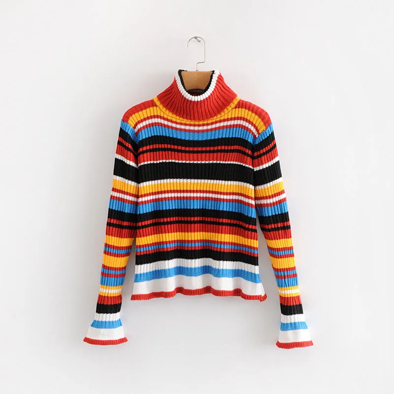 

Womens Sweaters Turtleneck pullover Autumn Winter Color Striped Long Sleeve Casual Pullover Jumper Knitted Sweater Top Female